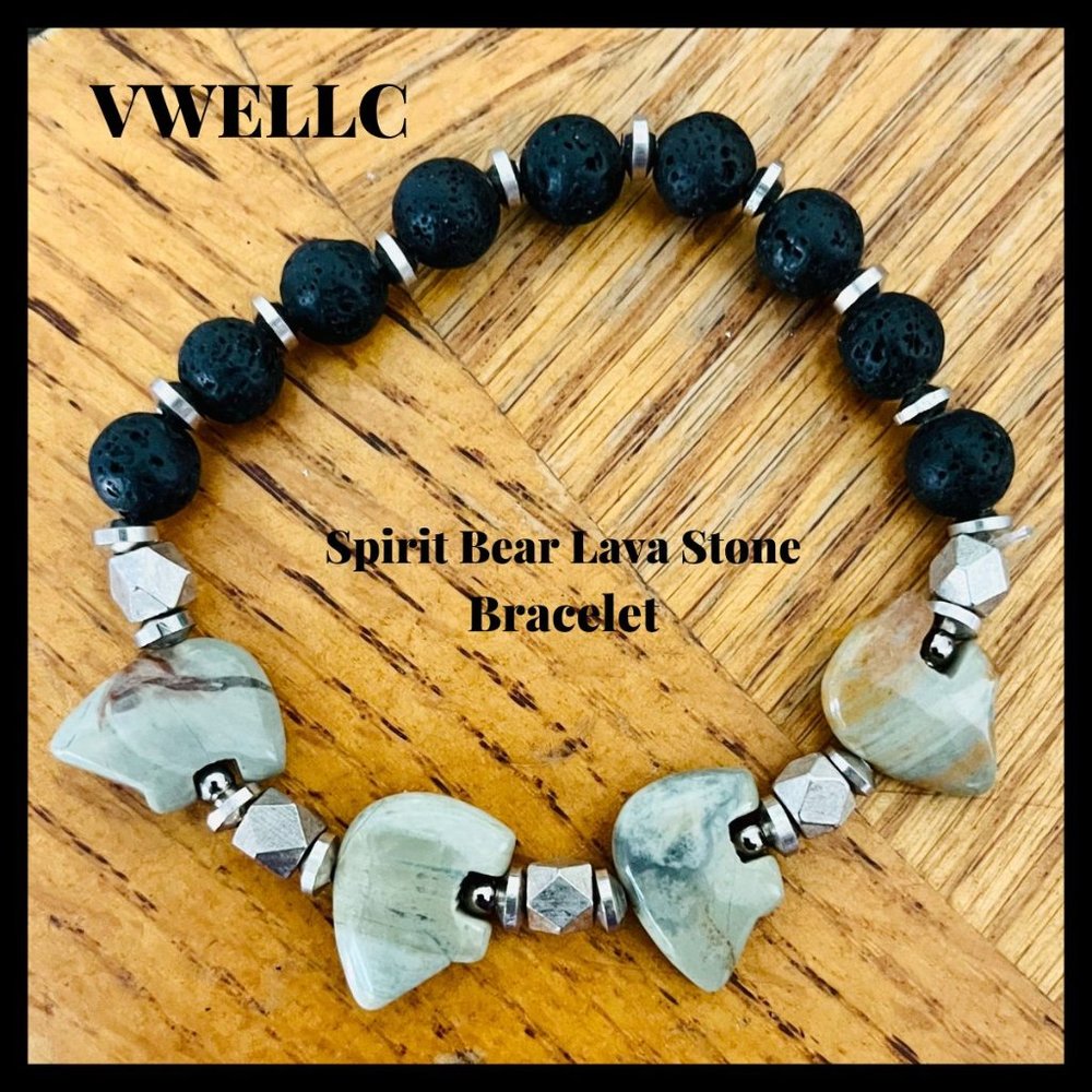 Spirit Bear Lava Stone Bracelet With Silver Beads